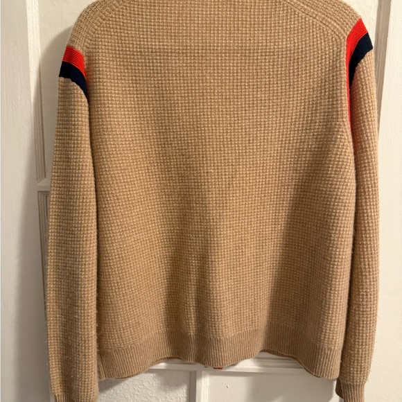 J. Crew Cashmere Tan Cardigan Sweater with Red and Navy Accents - Picture 2 of 5